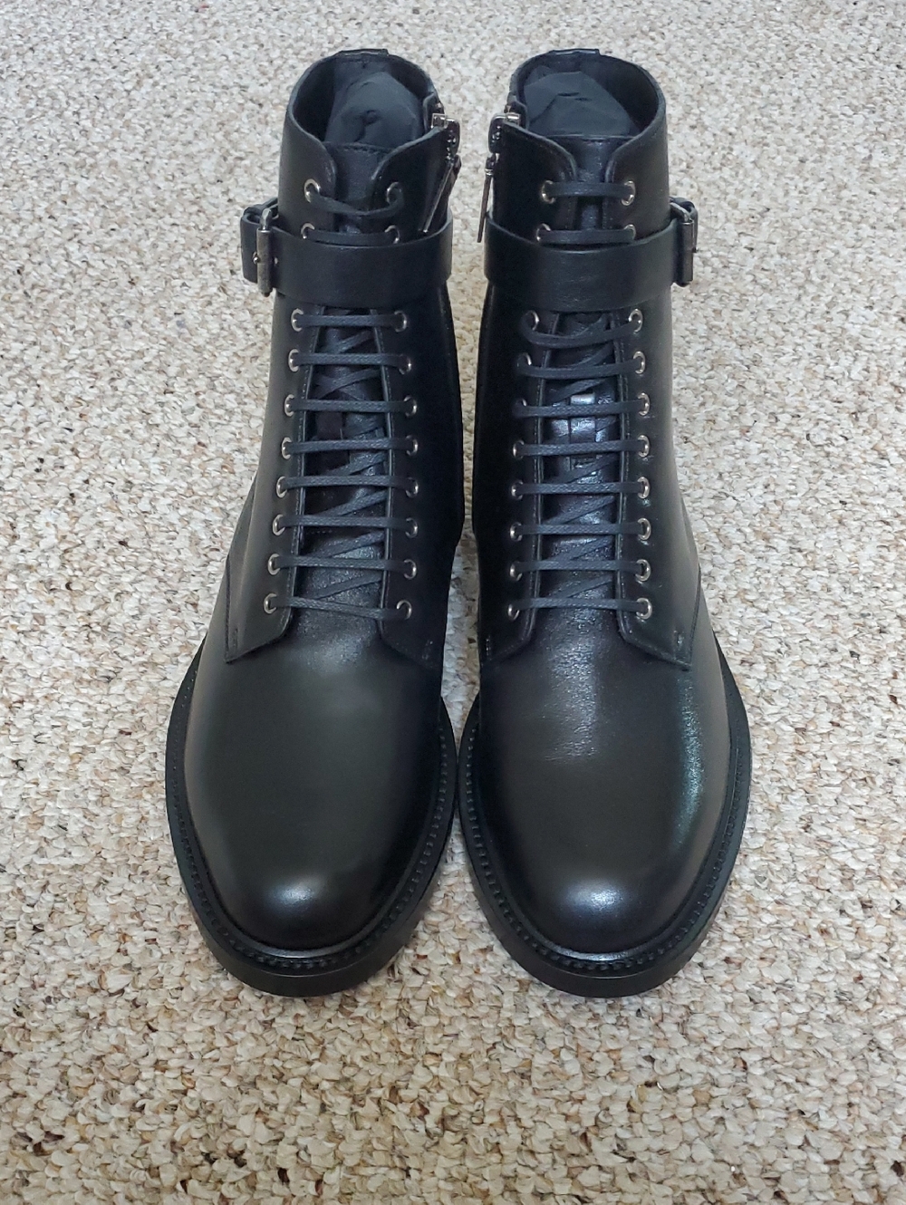 Saint Laurent Black Leather Lace-Up Buckle Ankle Boots